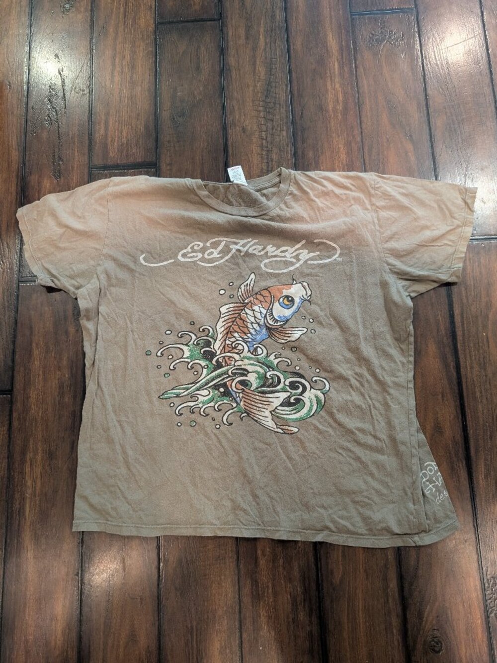 Vintage Ed Hardy Koi Fish Shirt Green/Brown 2000s XL Short Sleeve